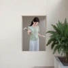 Light green patterned V-neck short-sleeved top, Chinese-style top Specification image